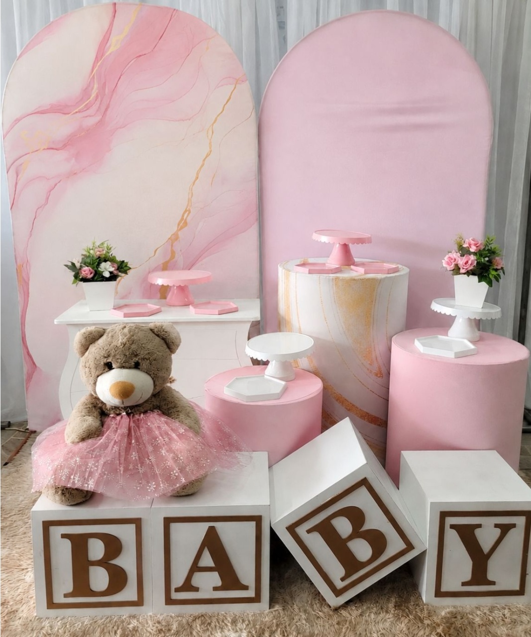 Kit Cha Bebe Rosa+ Lateral Marmorizada Rosa - Nicolle milde