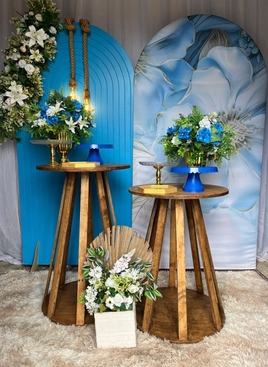 Kit Flores Azul 3D + Lateral +Mesa Madeira  - Nicolle milde
