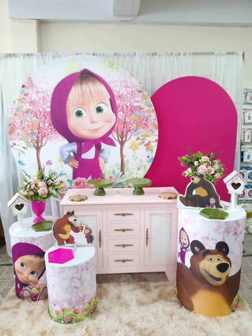 Kit Masha  E Urso Novo, Lateral Pink + Poa  - Nicolle milde
