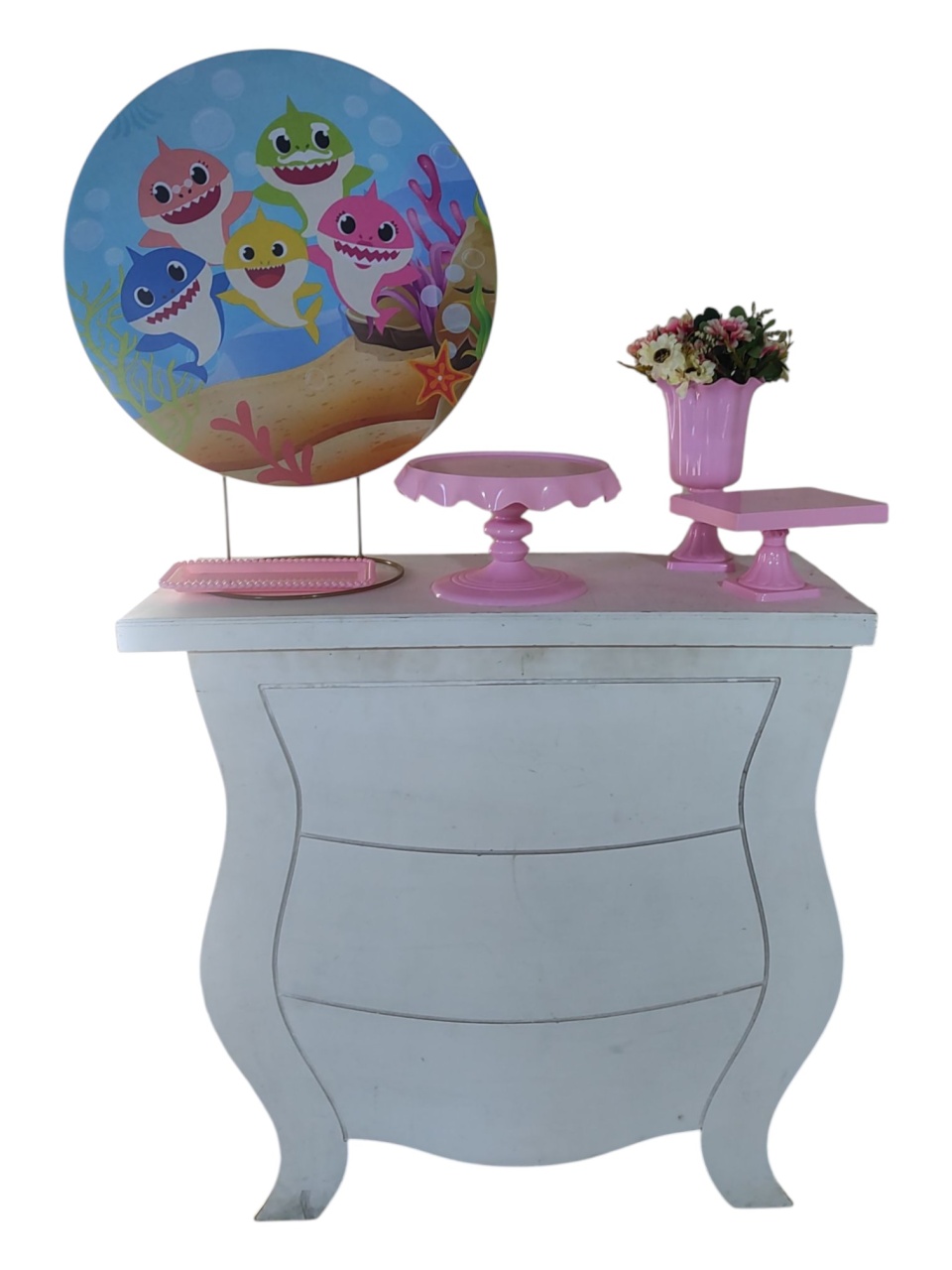 Mini Table Baby Shark Rosa 50X50 - FERNANDO FESTAS E EVENTOS