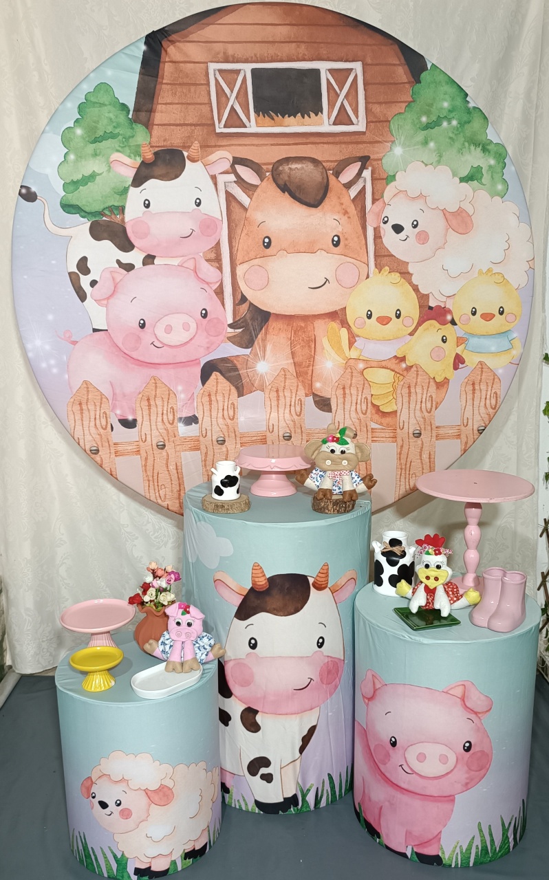 Kit Fazendinha  Painel Redondo E Três Cilindros Rosa (06) - FERNANDO FESTAS E EVENTOS