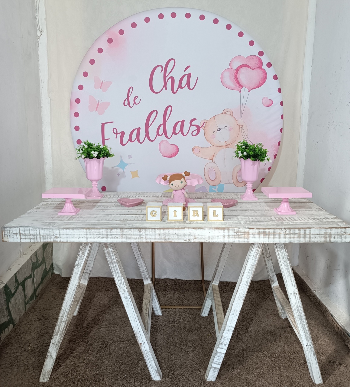 Chá de Fraldas Rosa Mesa Cavalete  - FERNANDO FESTAS E EVENTOS