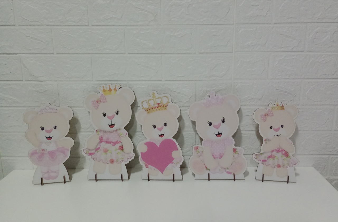 Kit Display de Mesa Ursinha Realeza Rosa Mdf 5 Unidades - Cassia Decore e Celebre