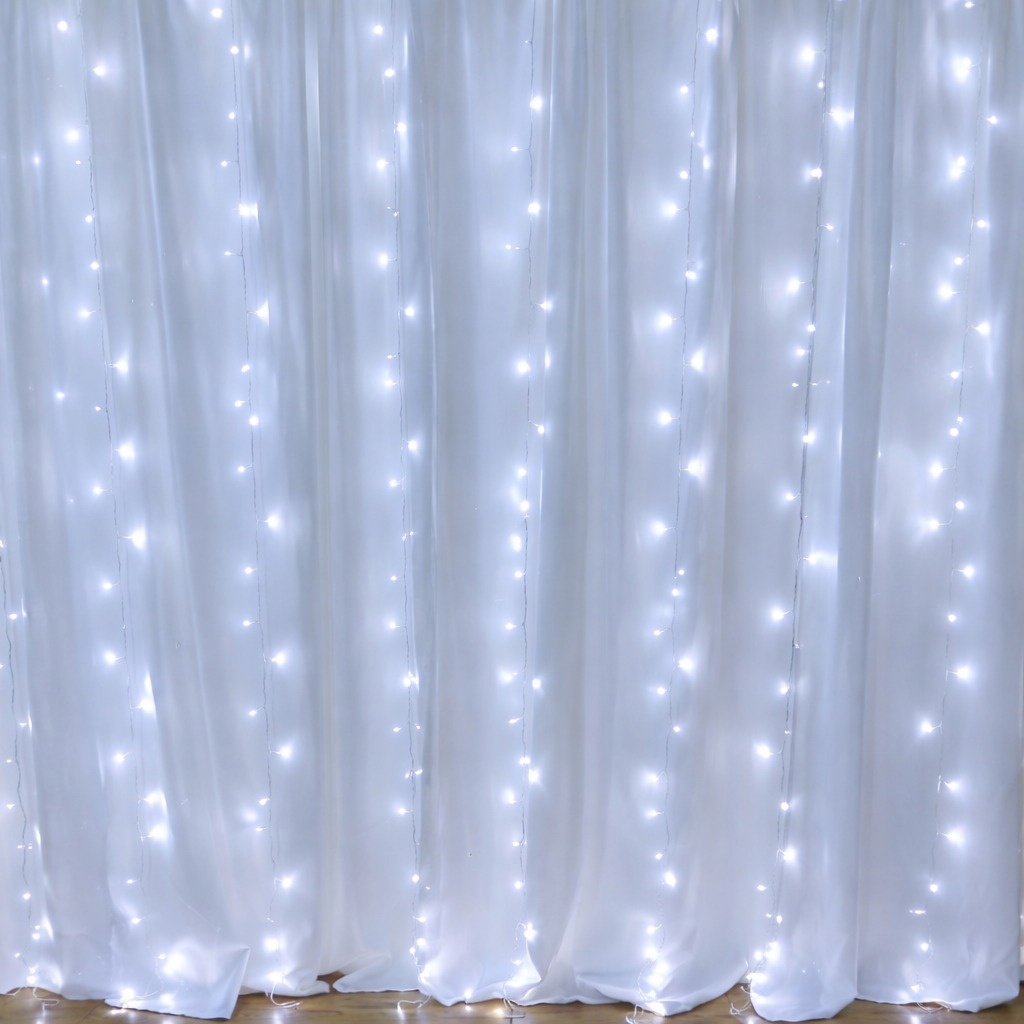  Kit Cortina Oxford Branca+ Cortina de Led Luz Branca+Suporte de Ferro 3 X 3  - Cassia Decore e Celebre