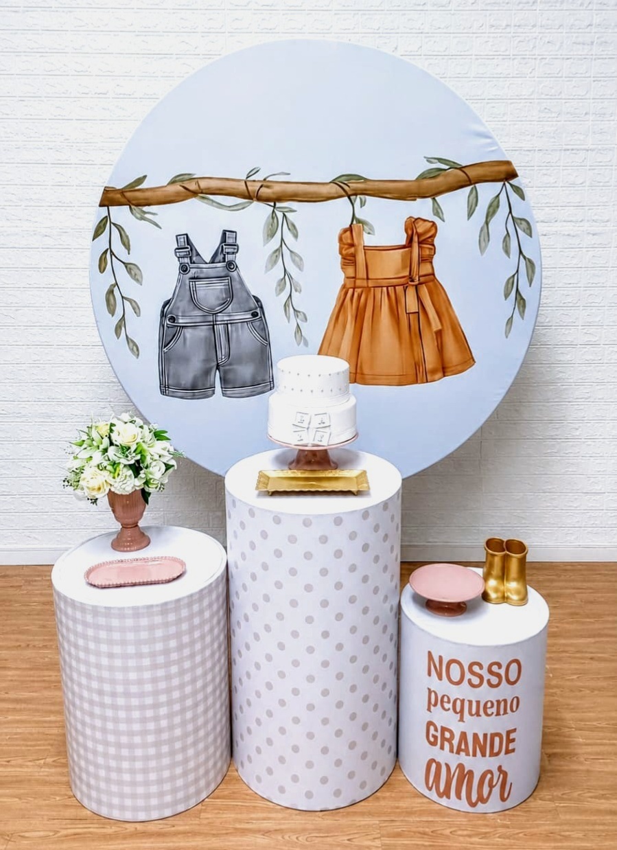 Chá Revelação Roupinhas Kit Padrão 1 Com Capas de Cilindros Personalizadas + Itens - Kit Promocional C/ Painel Redondo - Cassia Decore e Celebre