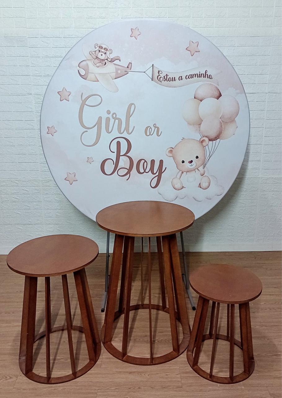Chá Revelação Ursinhos Bege + Trio de Mesas Cônicas Ripada Marrom   - Cassia Decore e Celebre