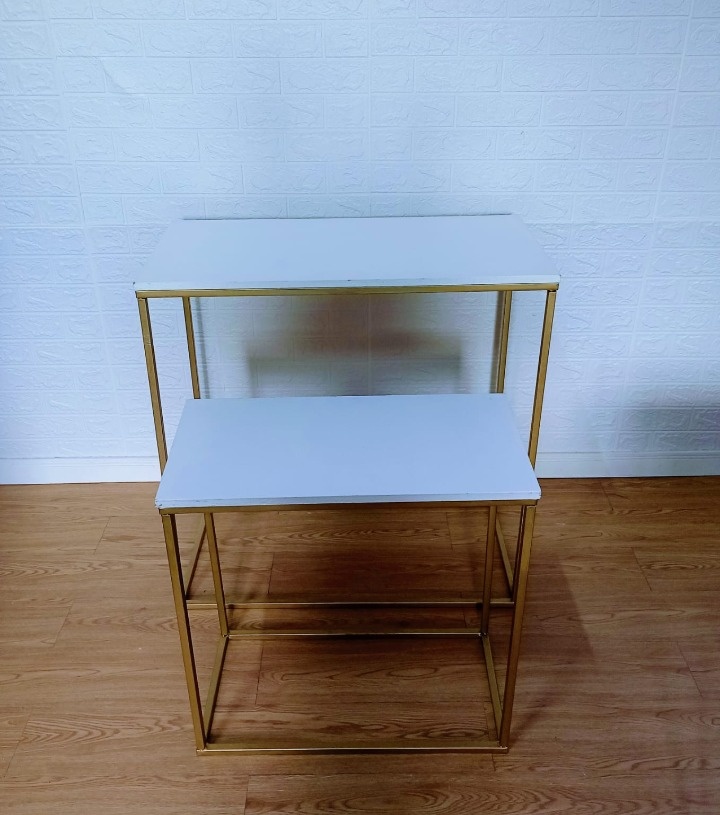 Kit Mesa de Ferro Dourado Com Tampo de Madeira Branca - Cassia Decore e Celebre