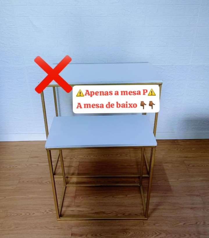 Mesa de Ferro Dourado Retangular C/ Tampo de Madeira Branca P - Cassia Decore e Celebre