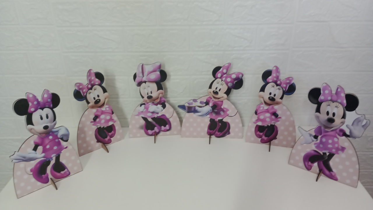  Kit Displays de Mesa Minnie Rosa C/ Bolinhas Mdf 6 Unidades - Cassia Decore e Celebre