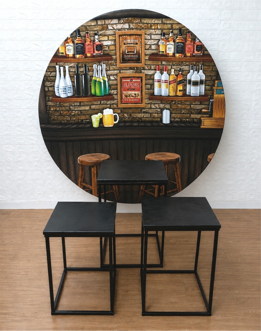 Kit Mesas de Ferro Preta+ Painel Redondo 1,50 M Boteco ( Ou Qualquer Tema Disponível No Catálogo) - Cassia Decore e Celebre