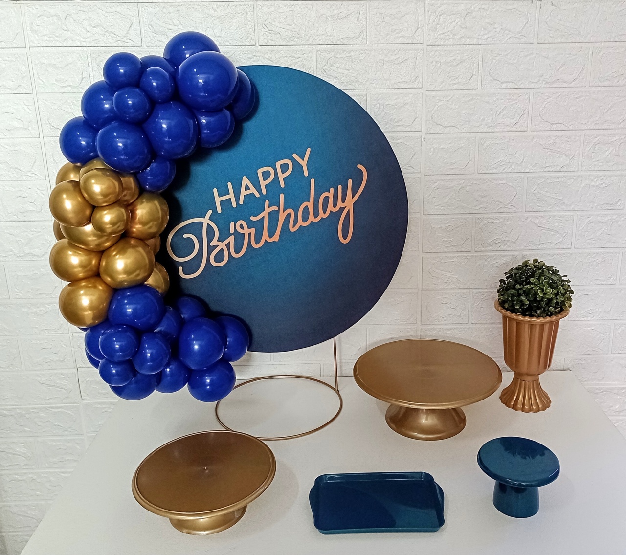 Kit Mini Festa Na Mesa Happy Birthday Fundo Azul Escrita Dourada - Cassia Decore e Celebre