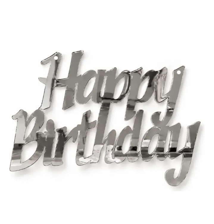 Letreiro Happy Birthday Mdf Prata 40X25 Mini Festa - Cassia Decore e Celebre
