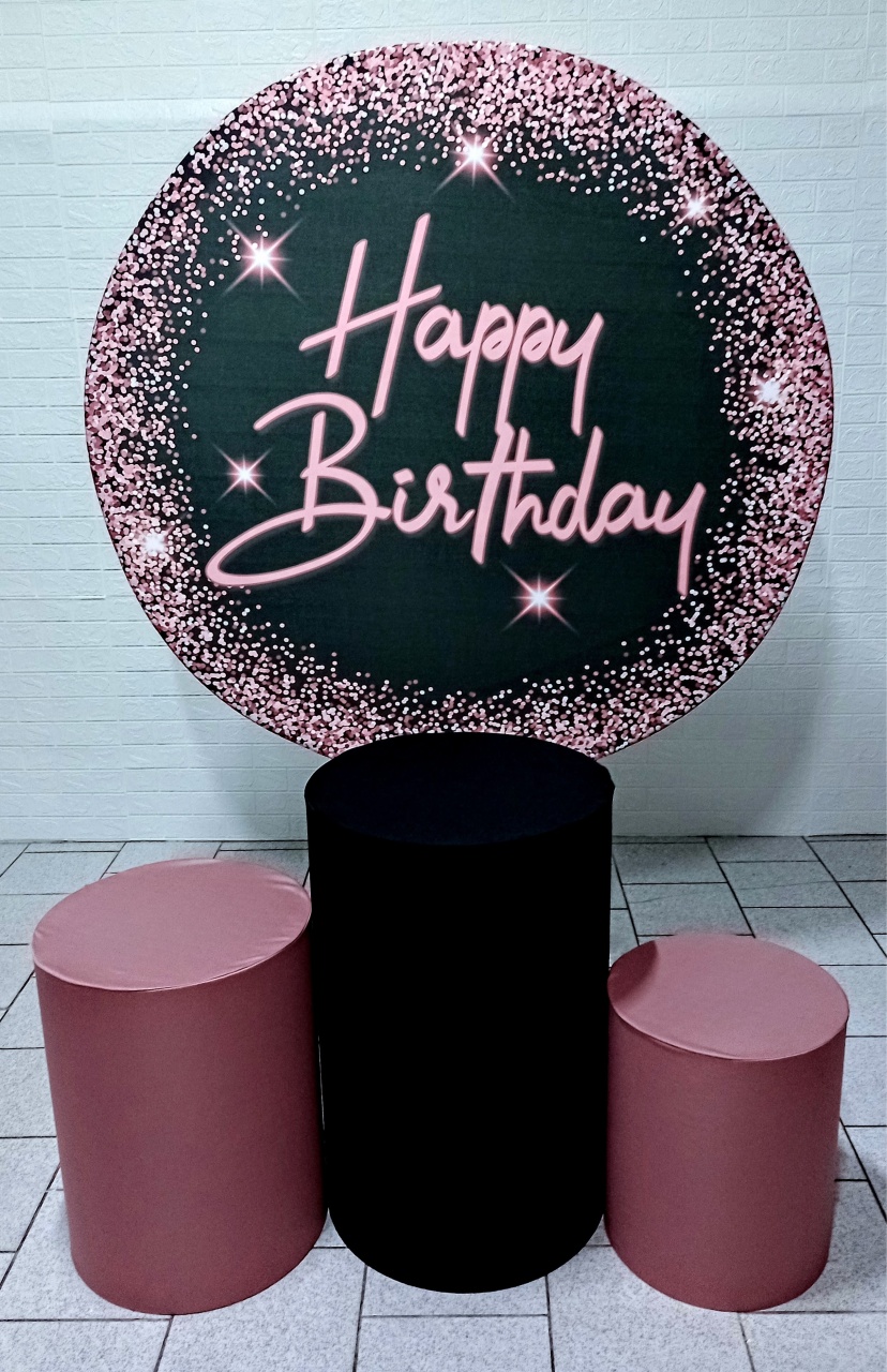 Happy Birthday Preto E Rose Kit Padrão 1 Com Capas de Cilindros Lisas   - Cassia Decore e Celebre