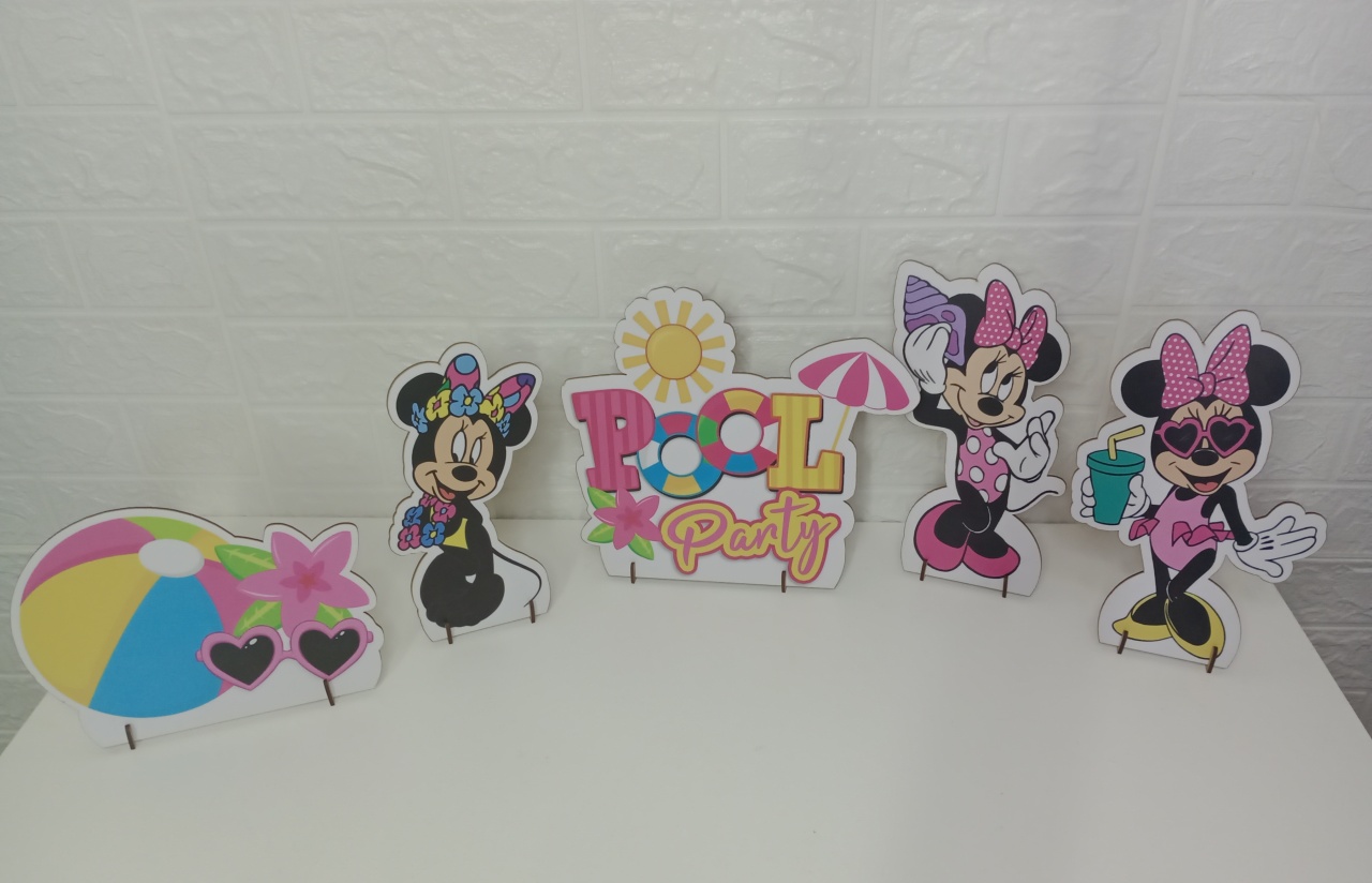  Kit Displays Minnie Pool Party Rosa Mdf 5 Unidades  - Cassia Decore e Celebre