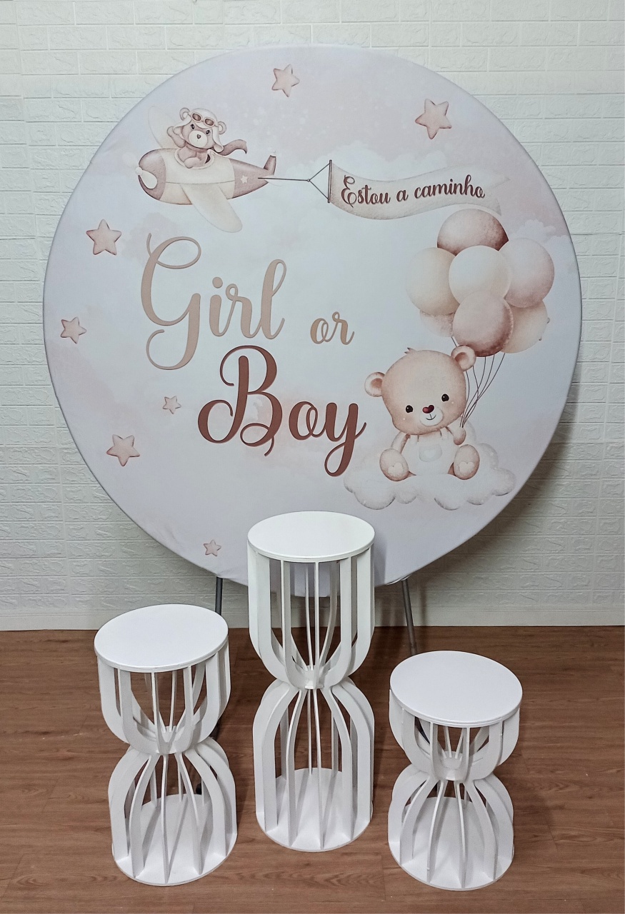 Chá Revelação Ursinhos Bege +Trio de Mesas Ampulheta Branca - Cassia Decore e Celebre