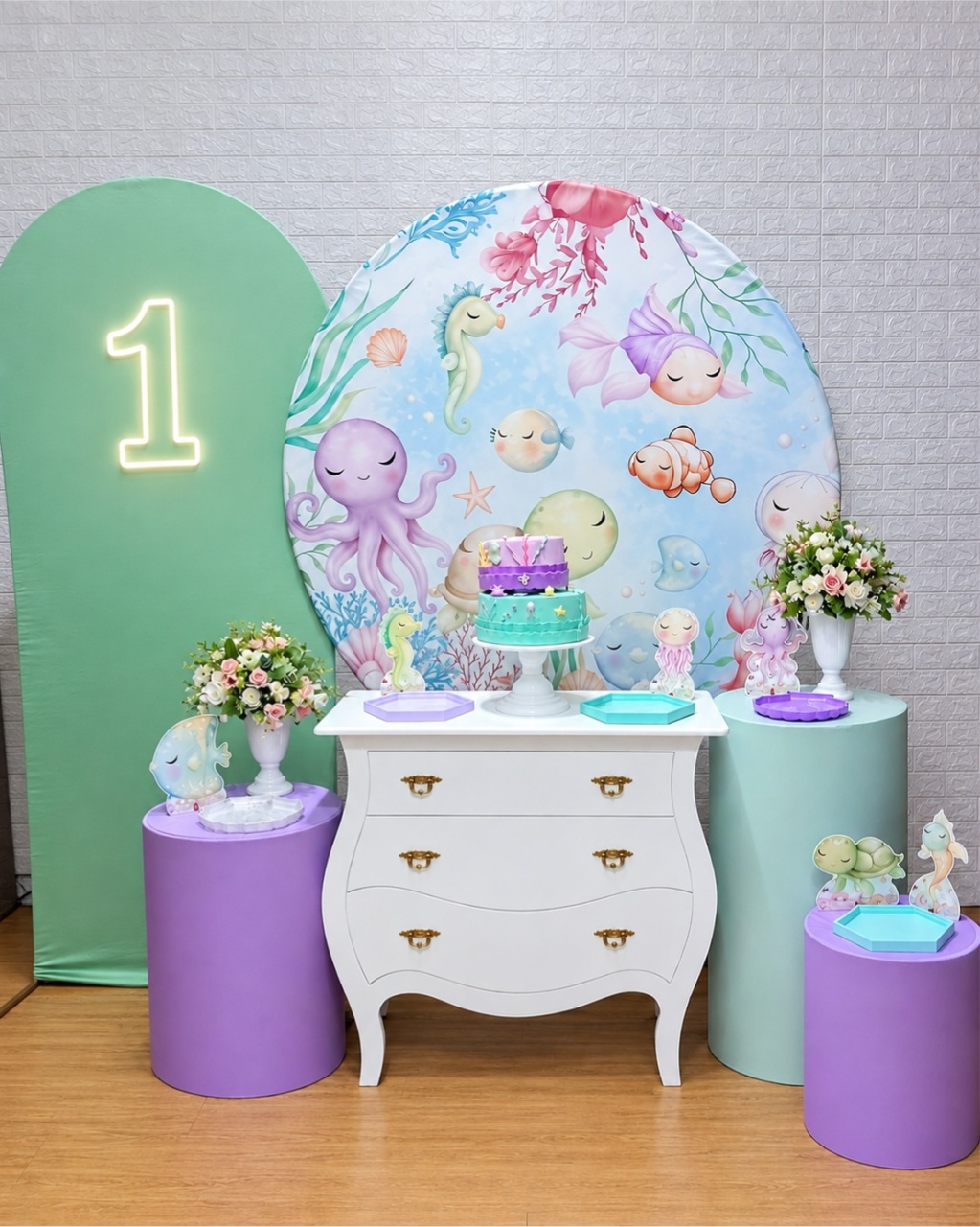 Kit Fundo Do Mar C/ Painel Lateral E Luz Led, C/ Capas Lisas - Promocional - Cassia Decore e Celebre