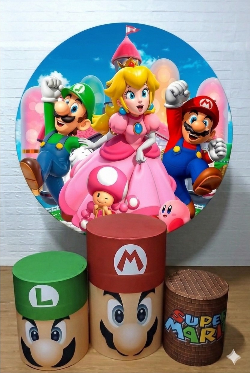 Super Mario Bros E A Princesa Rosinha Kit 1 Com Capa de Cilindros Personalizadas - Cassia Decore e Celebre