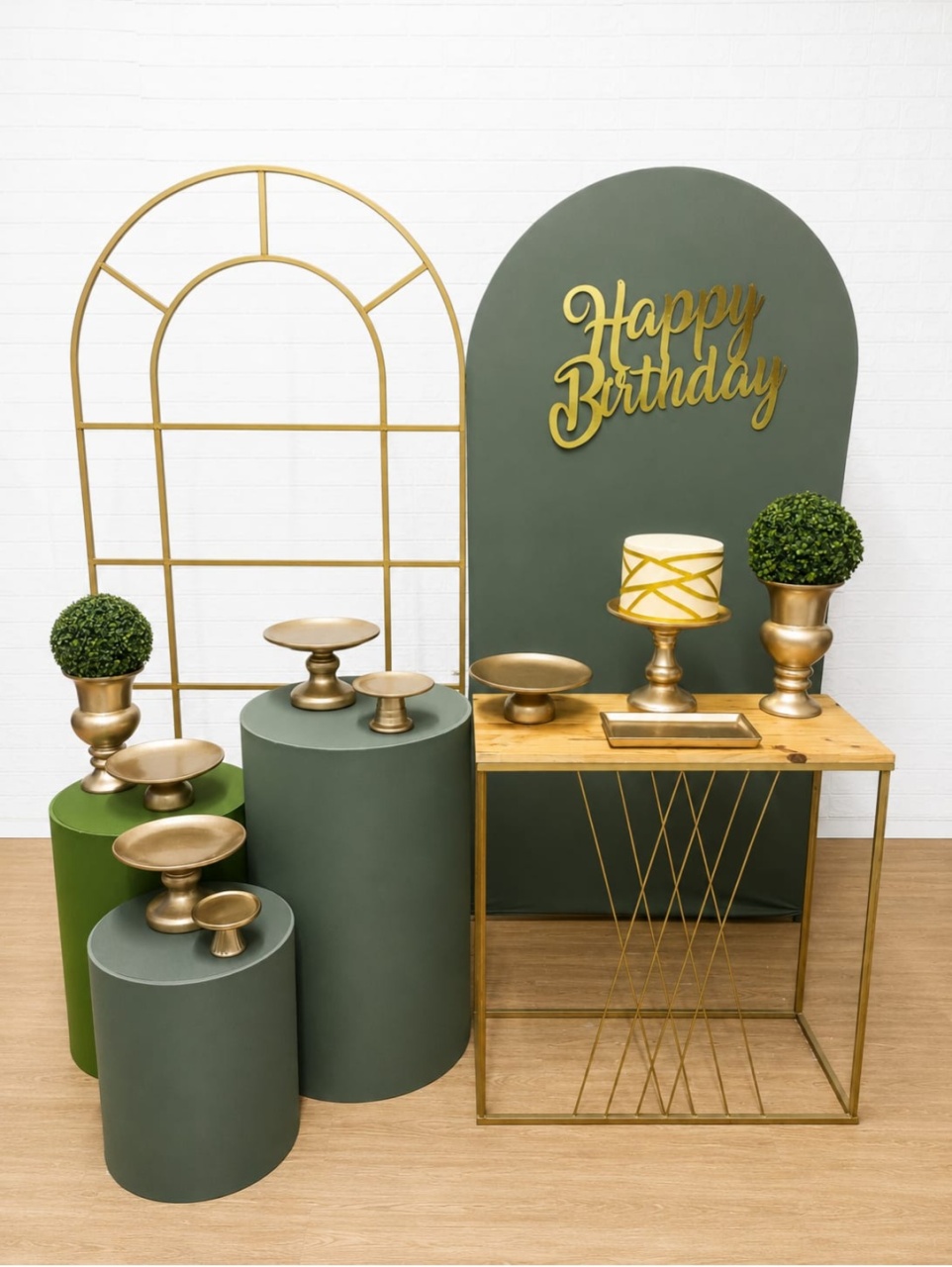 Kit Painel Janela E Painel Romano Verde Oliva Happy Birthday C/ Peças de Cerâmicas - Cassia Decore e Celebre
