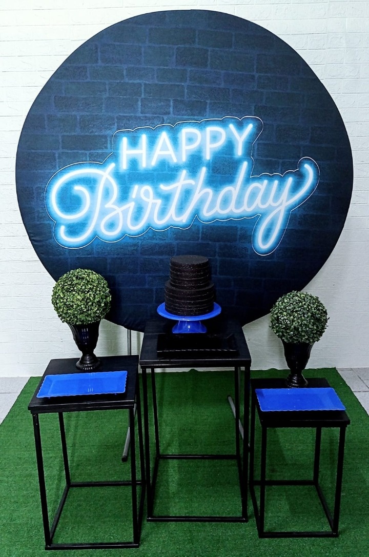 Kit Painel Redondo Happy Birthday Azul + Trio de Mesas de Ferro Preta Completo +  - Cassia Decore e Celebre