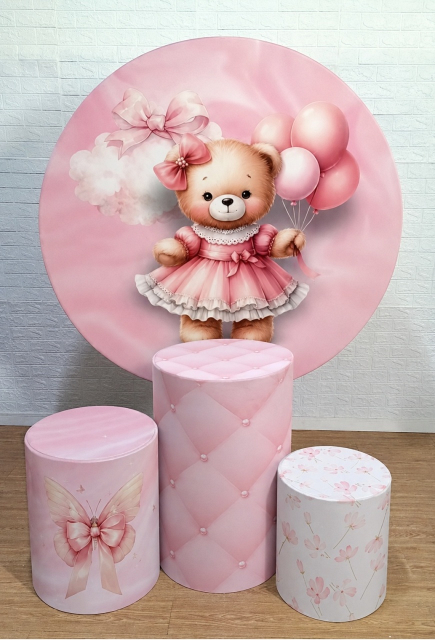 Ursinha Rosa de Vestido Kit Padrão 1 Com Capas de Cilindros Capas Personalizadas - Cassia Decore e Celebre