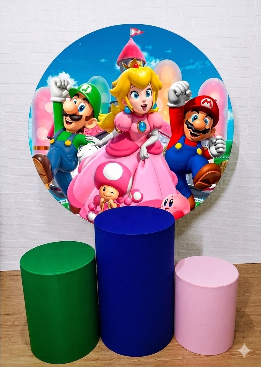 Super Mário Bros E Princesa Rosinha Kit Padrão 1 C/ Capas de Cilindros Lisas - Cassia Decore e Celebre