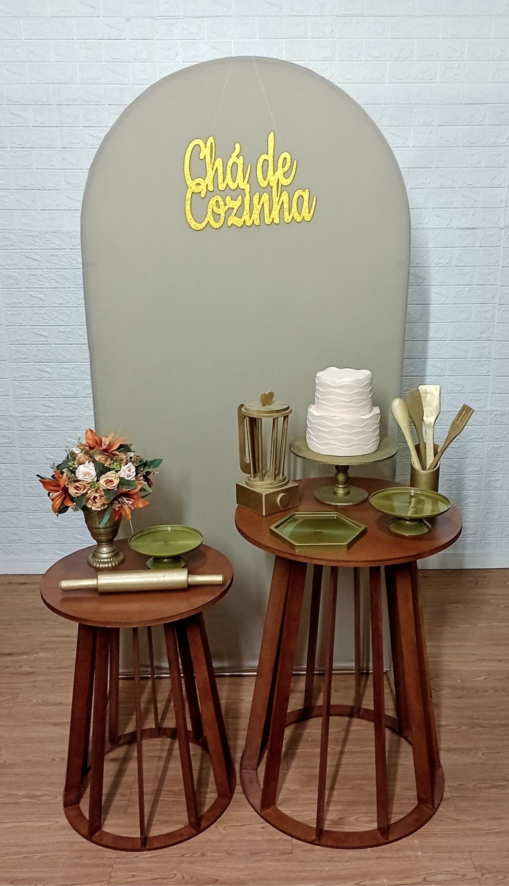Kit Painel Romano Chá de Cozinha Bege E 2 Mesas Cônicas + Utensílios Mdf  - Cassia Decore e Celebre
