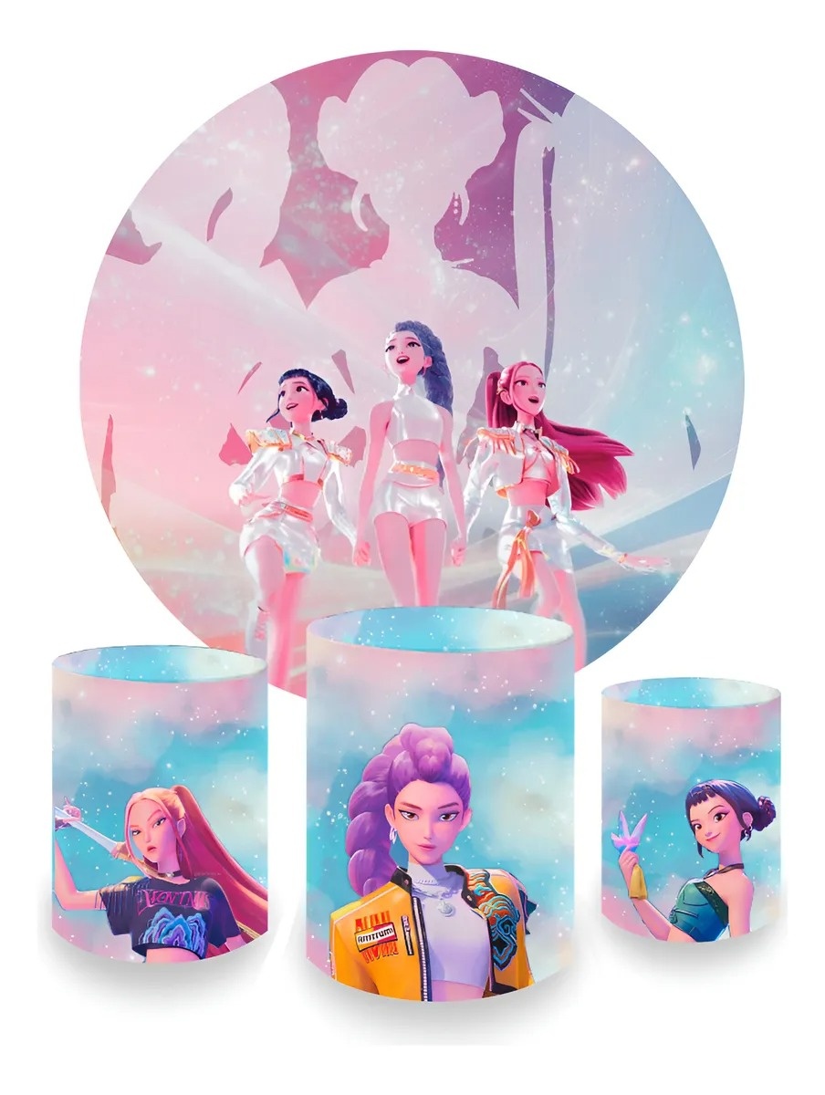 Capa Painel Redondo E Cilindros Guerreiras Do K-Pop  - Sua Festa Pegue & Monte