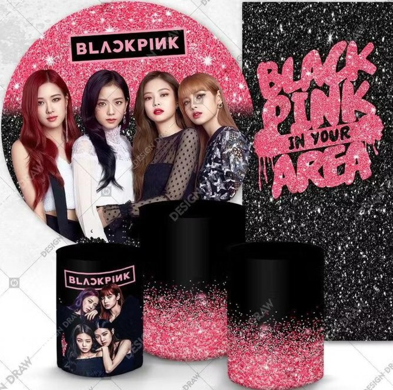 Capa Painel Redondo, Retangular E Cilindros Black Pink - Sua Festa Pegue & Monte