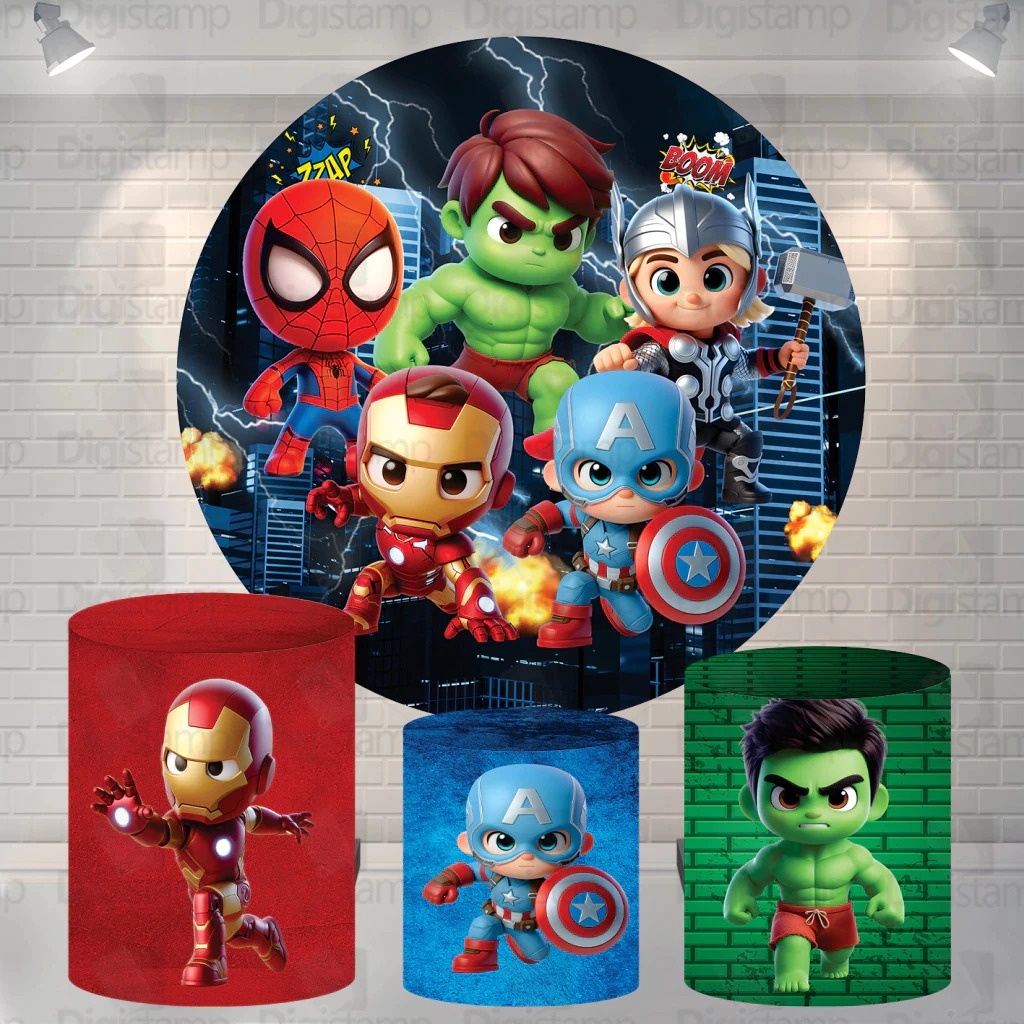 Capa Painel Redondo E Cilindros Super Heróis Cute - Sua Festa Pegue & Monte
