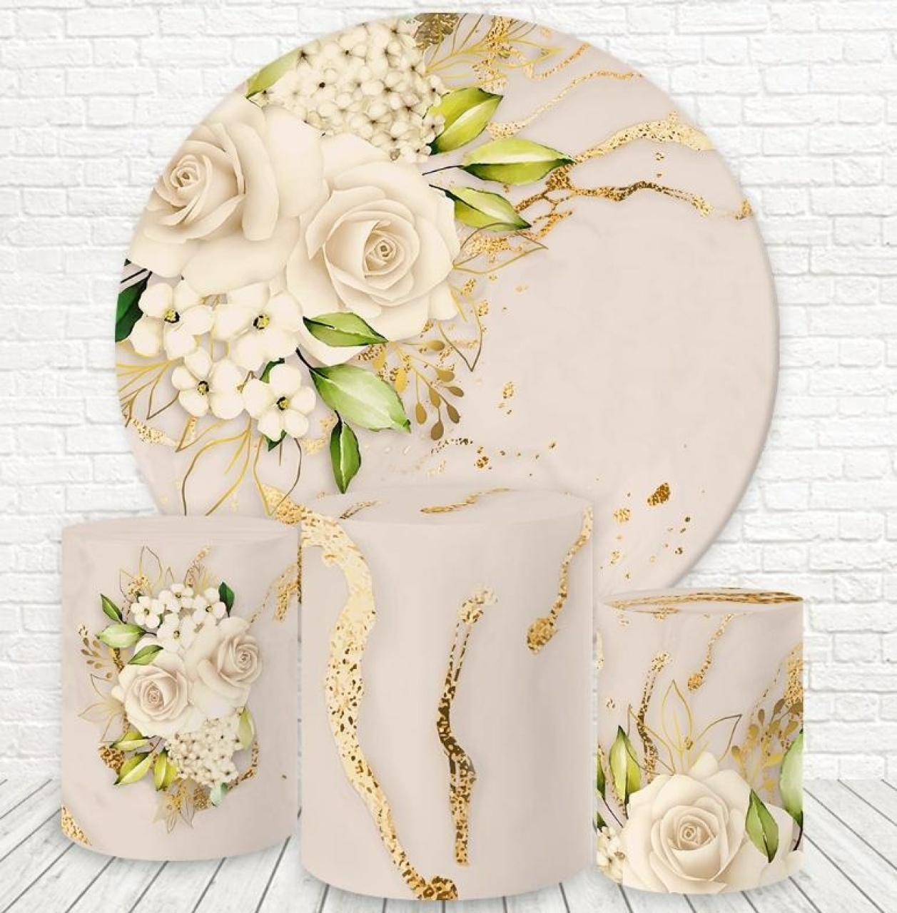 Capa Painel Redondo E Cilindros Adulto Floral Branco C/ Dourado - Sua Festa Pegue & Monte
