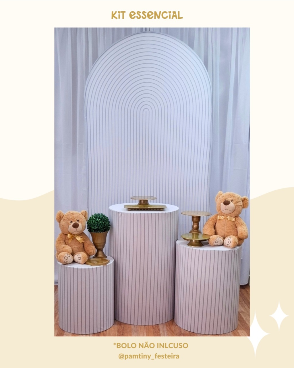 Kit Essencial  Urso Bege E Dourado Romano  - Pamtiny Festeira 