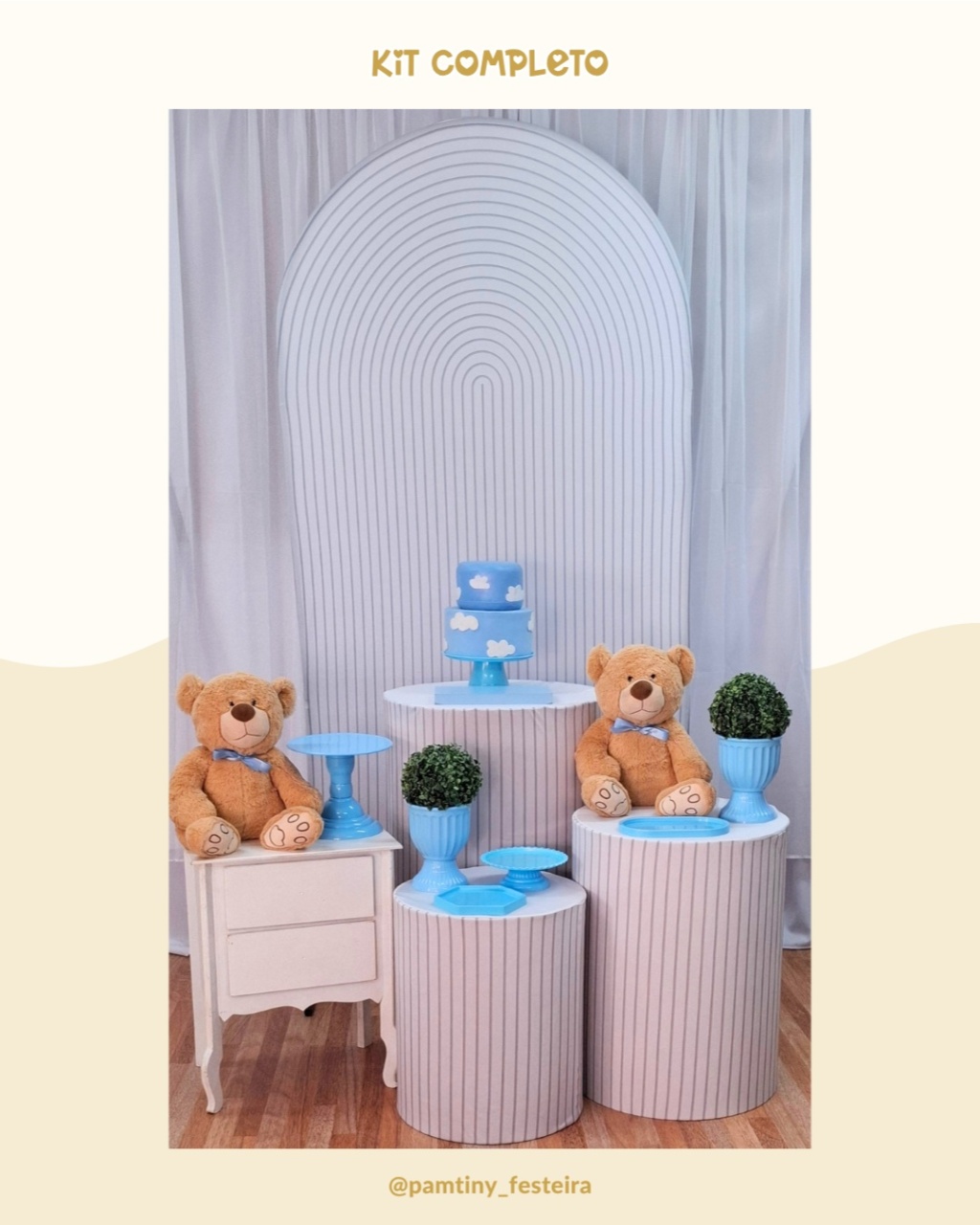 Kit Completo Urso Azul Bb E Branco Romano    - Pamtiny Festeira 