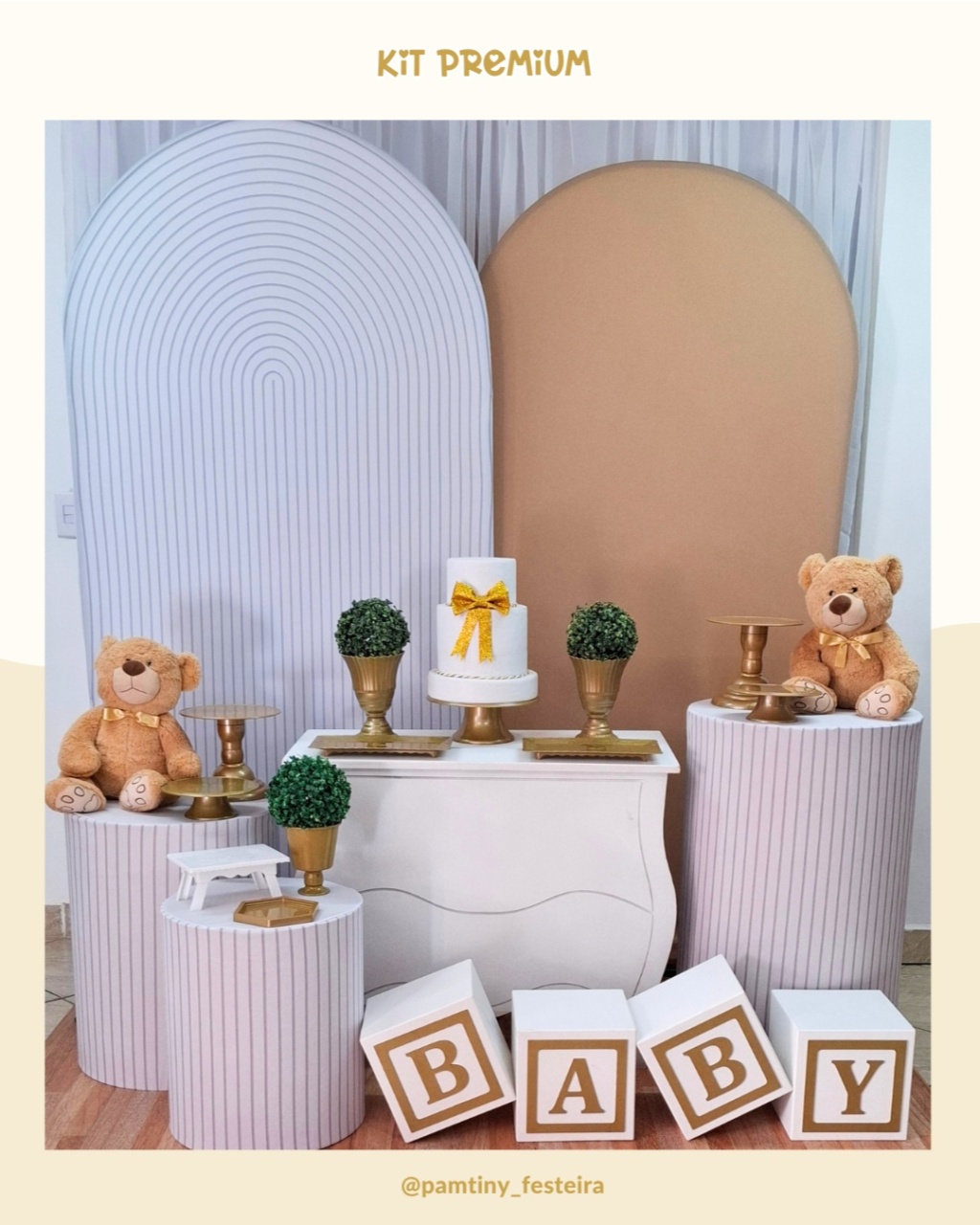 Kit Premium Urso Bege E Dourado Romano Menino - Pamtiny Festeira 