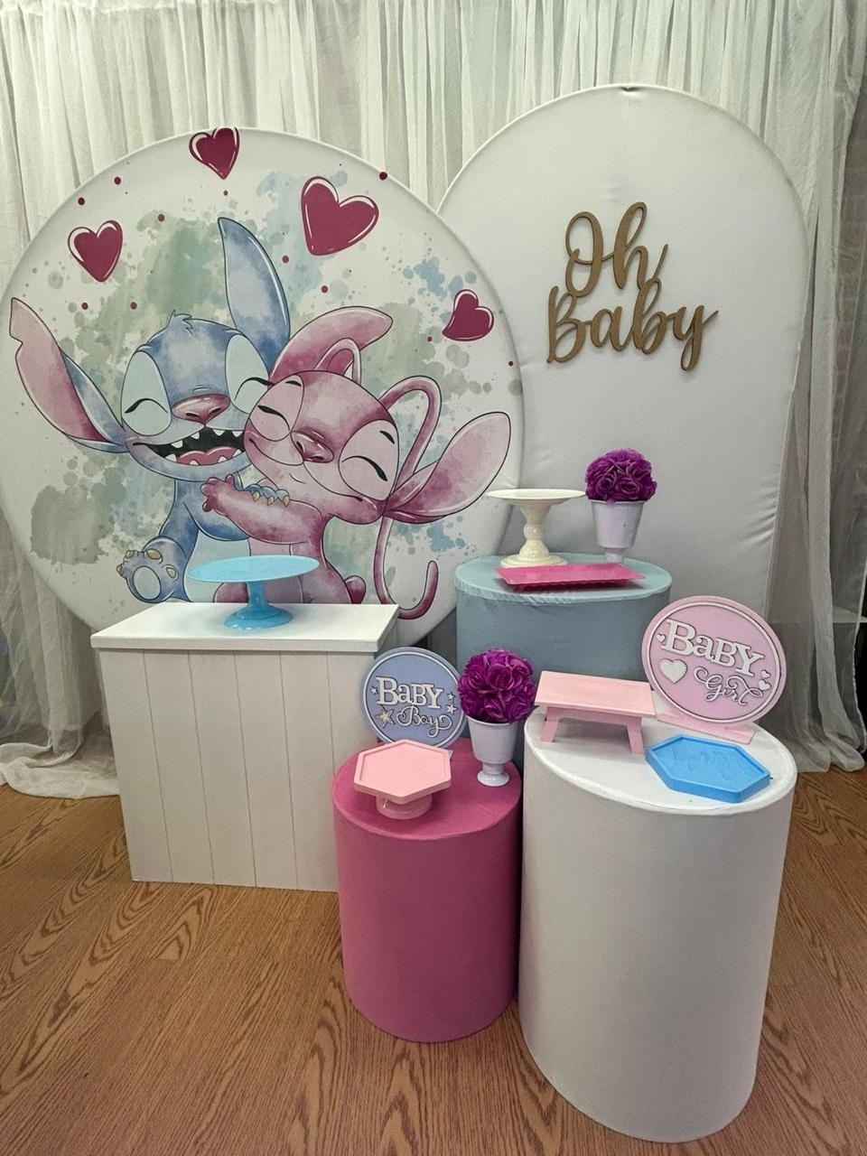 Pegue & Monte  - Chá Revelação Stitch & Angel Rosa Com Azul - Kit Ouro - Jessica Souza de Macedo