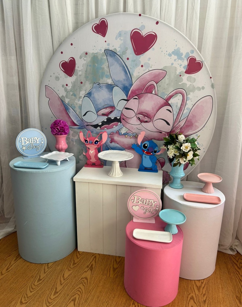 Pegue & Monte  - Chá Revelação Stitch & Angel Rosa Com Azul - Kit Prata - Jessica Souza de Macedo