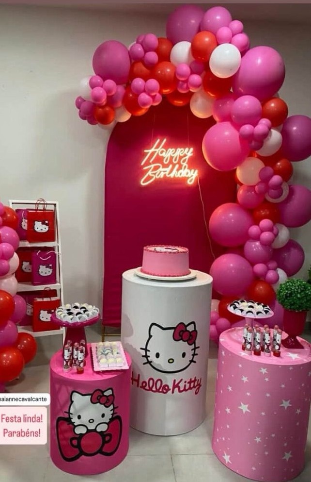 K1  Festa Cilindros Hello Kitty Com Romano Liso Pink - Olivete Filgueira