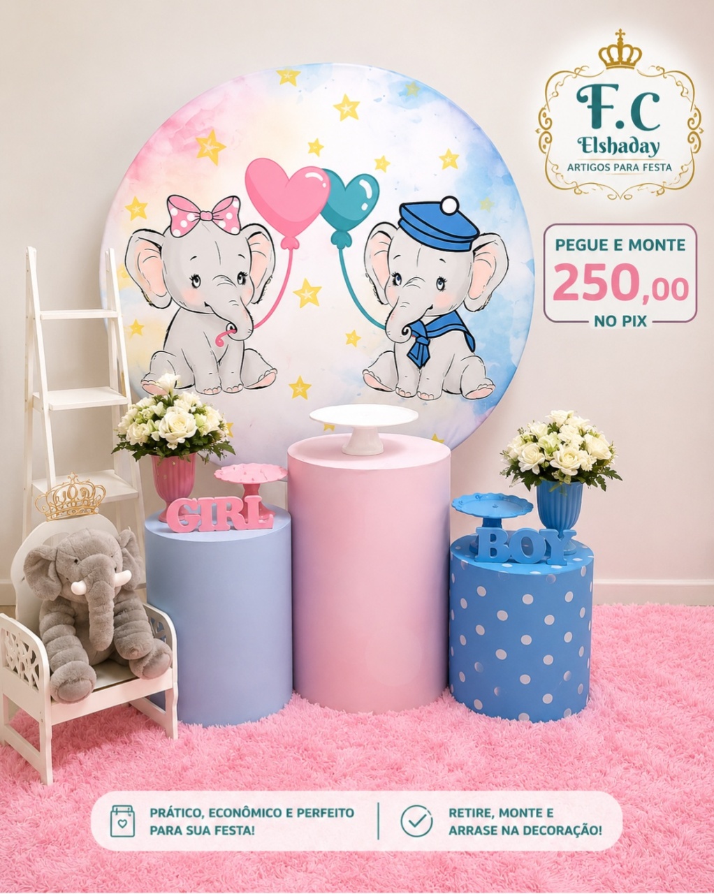 Chá Revelação Elefantinho Rosa/Azul 002 - f.celshaday artigos para festa.