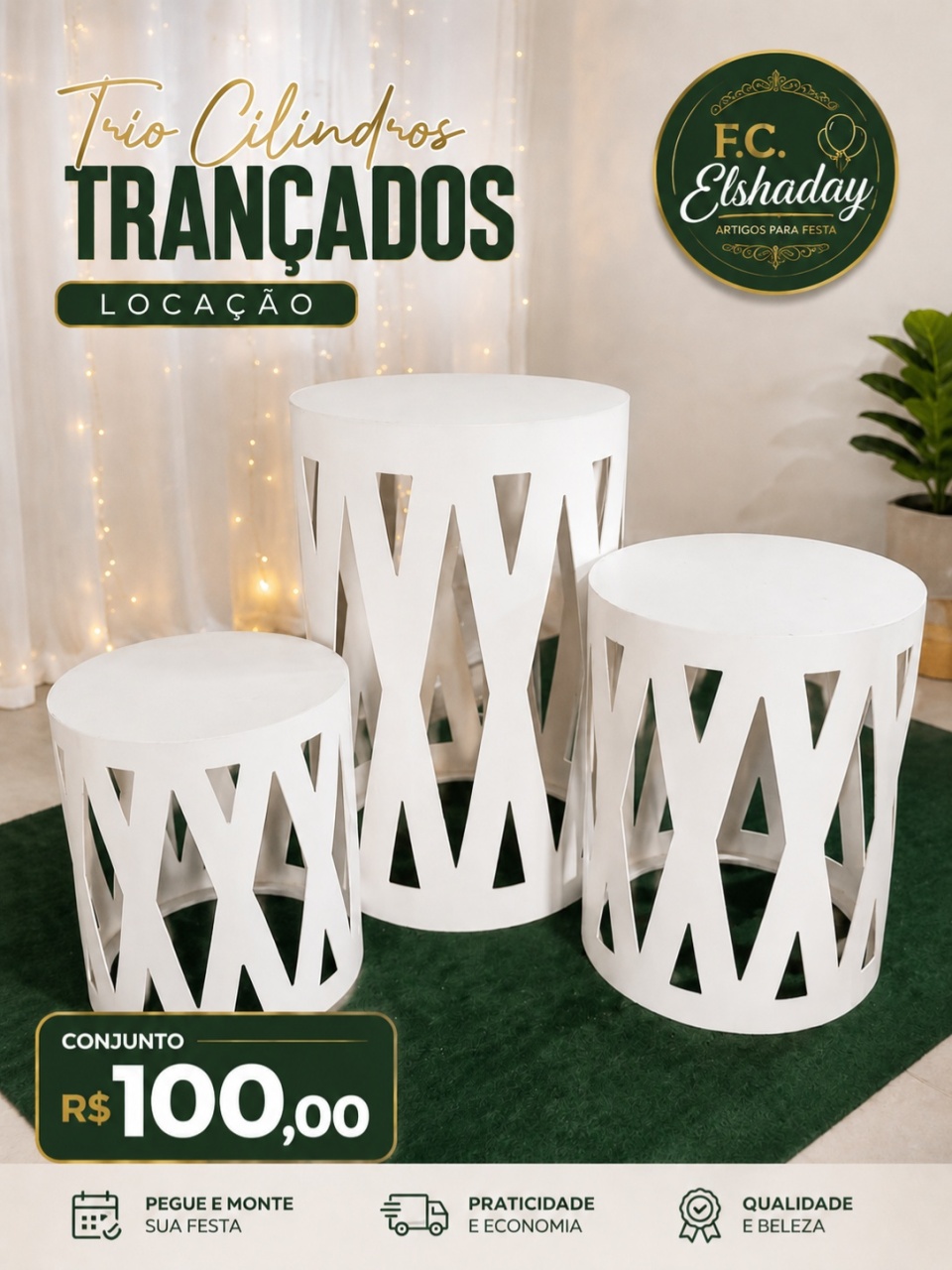 Trio de Cilindros Trançados Branco - f.celshaday artigos para festa.