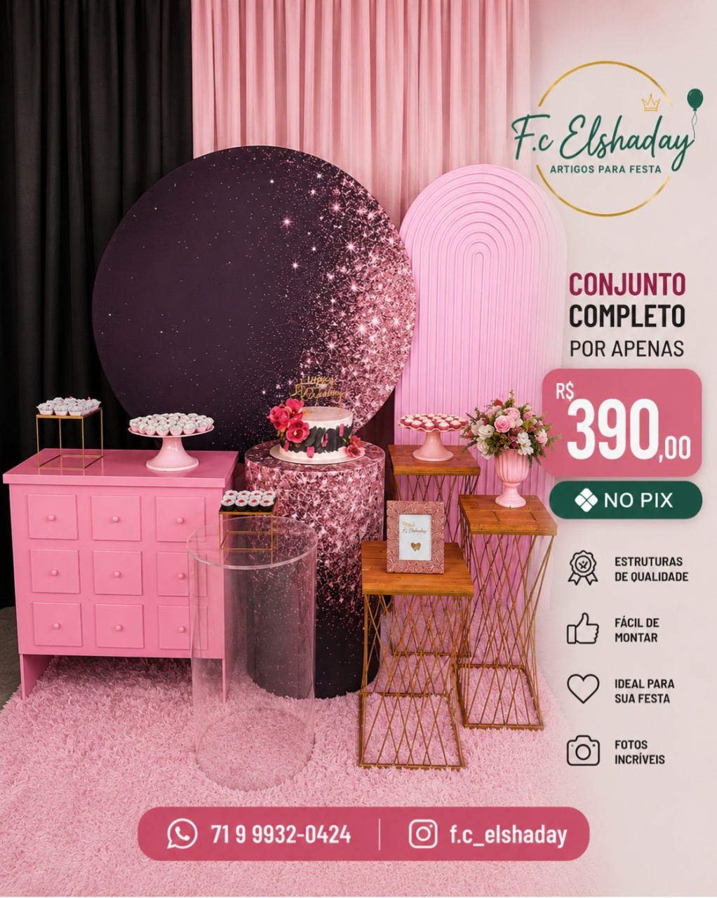 Cenário Preto/Rosa Glitter - f.celshaday artigos para festa.