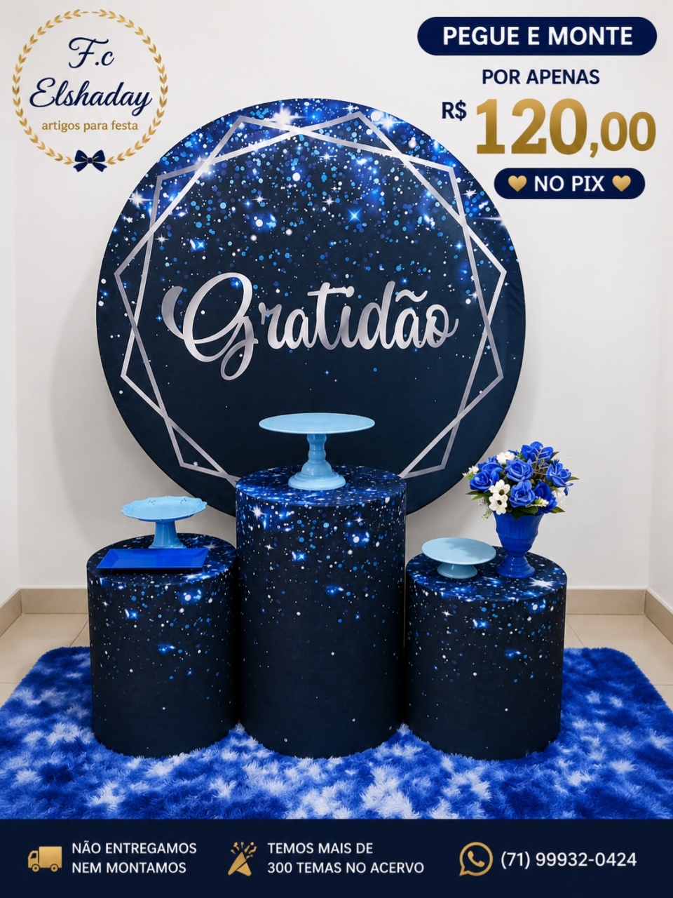 Gratidão Azul Glitter. - f.celshaday artigos para festa.