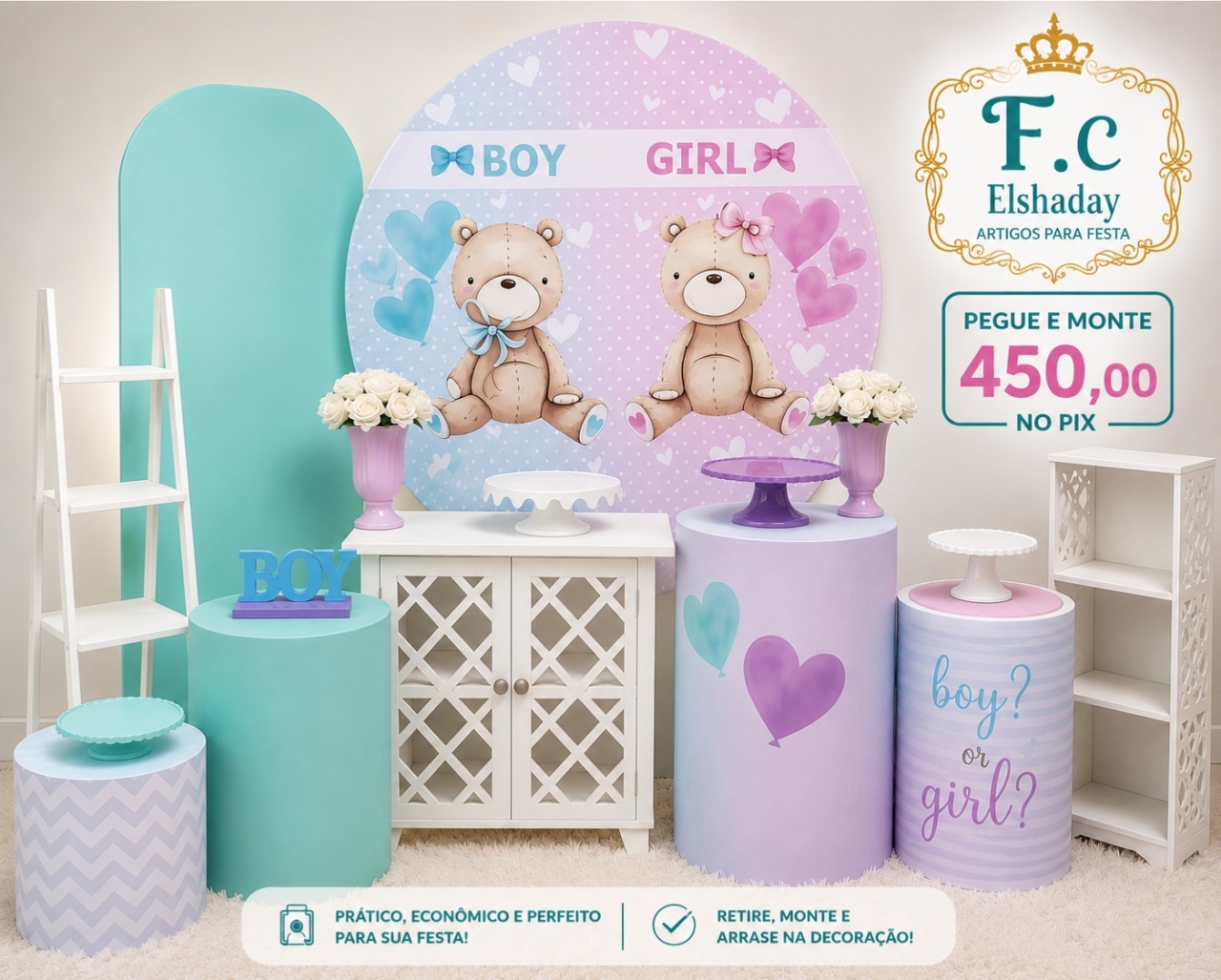 Chá Revelação Ursinhos Lilás E Verde 001 - f.celshaday artigos para festa.