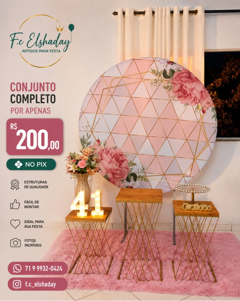 Cenário Rosa Flores. - f.celshaday artigos para festa.