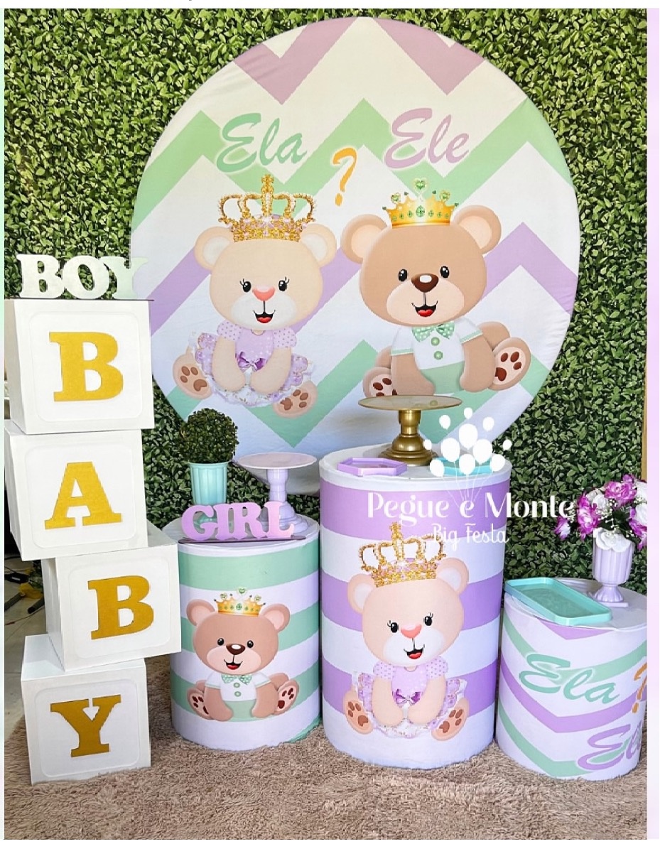 Kit Chá Revelação Ursinhos Lilás E Verde - Pegue e Monte Big Festa