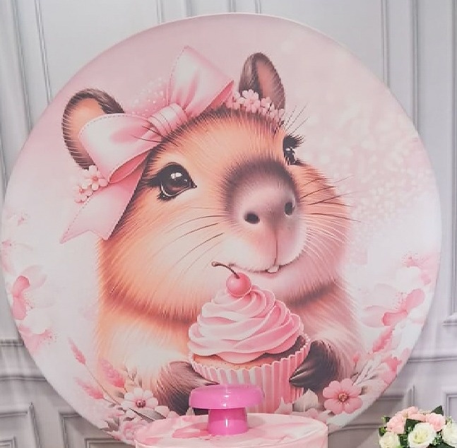 Tecido Painel Redondo Capivara Rosa - Silmara Decorações 