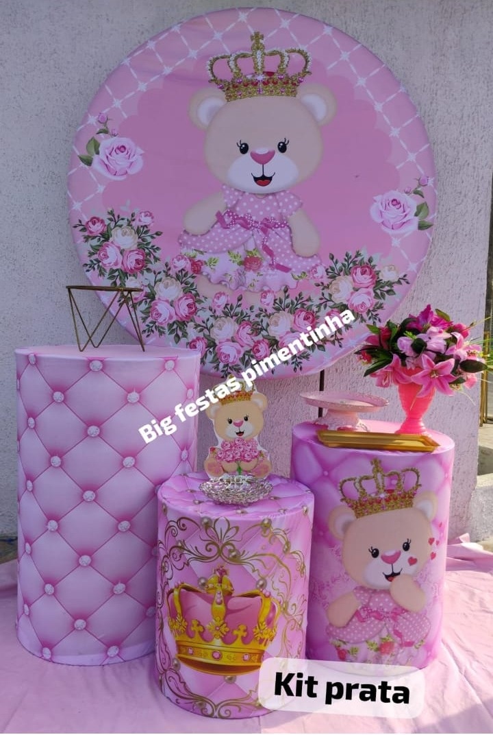 Kit Prata Ursinha Rosa  - big festas pimentinha