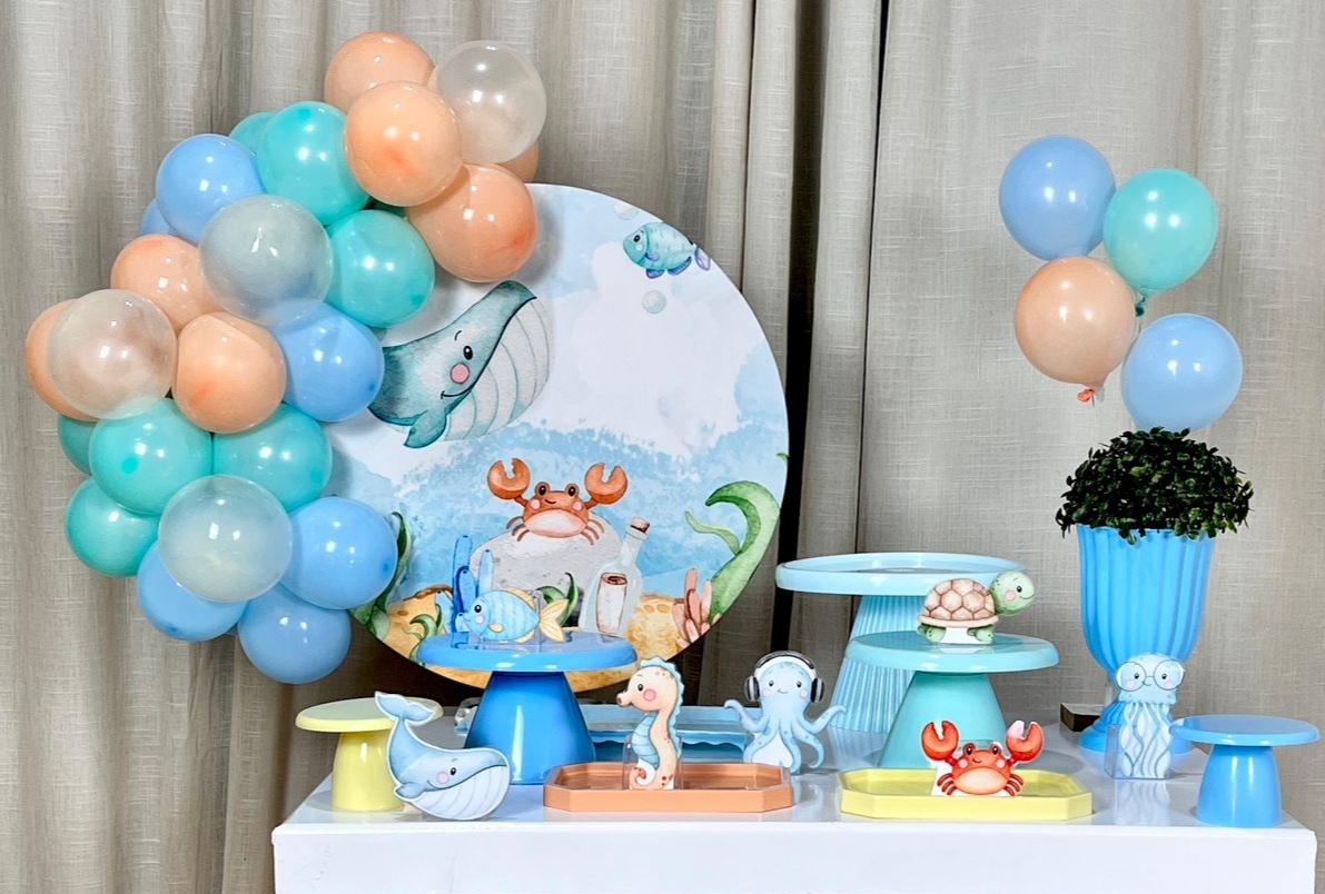 Kit Mesa Com Balão - Fundo Do Mar Aquarelado - É Só Um Bolinho Locações 