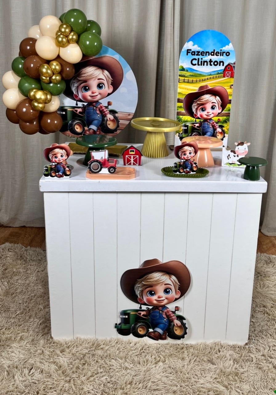 Kit Mini Festa Basic Sem Led- Fazendeiro + Painel Romano Personalizado - É Só Um Bolinho Locações 