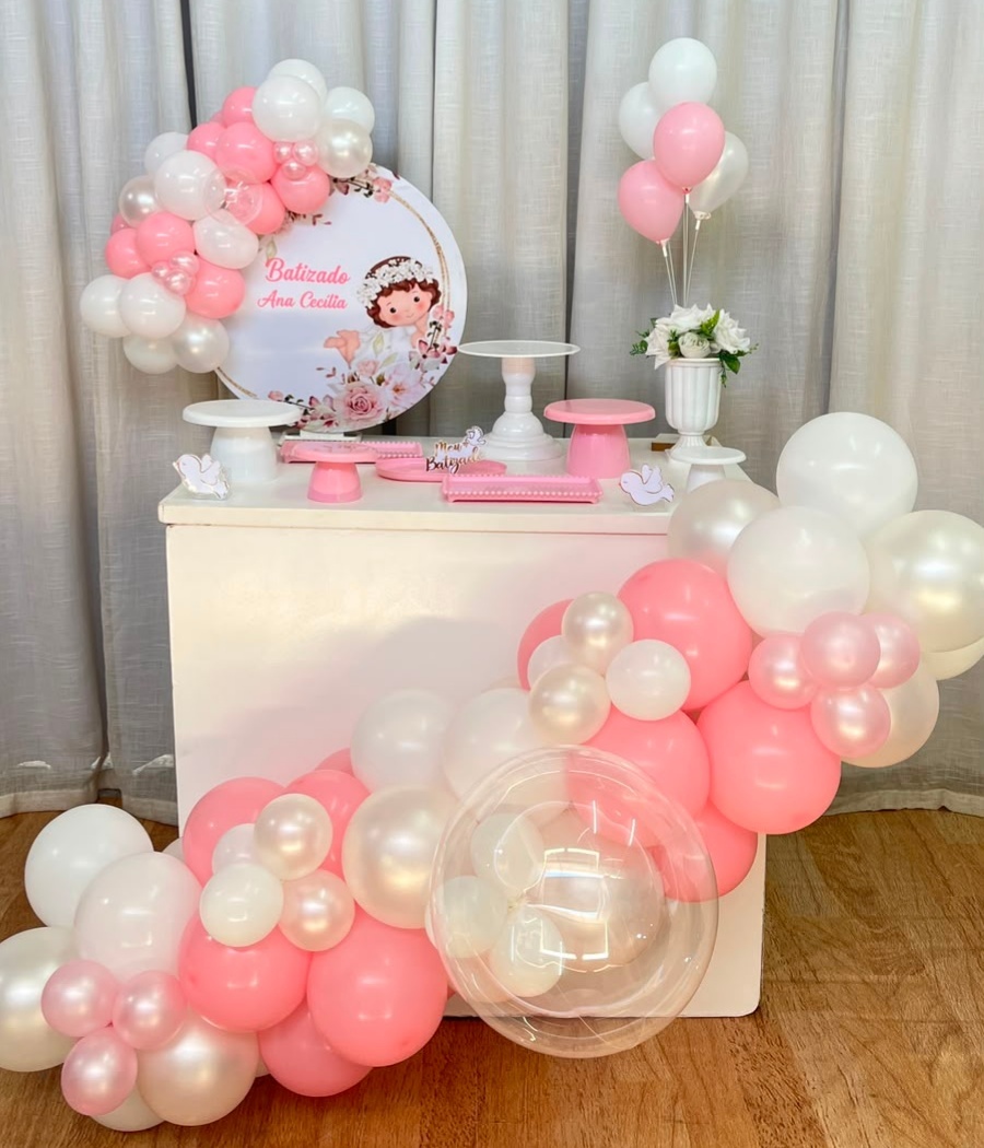 Mini Festa Gold Basic -Batizado Rosa E Branco + Balões Metalizados, Sem Led - É Só Um Bolinho Locações 