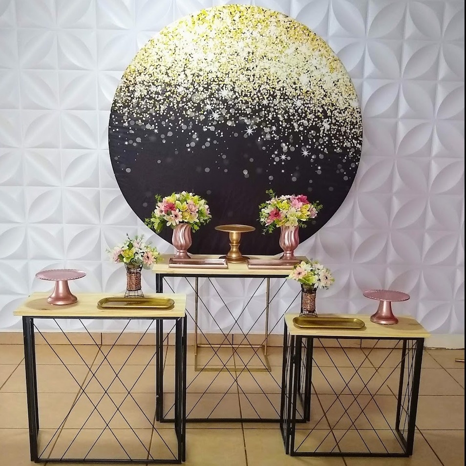 Kit Painel Glitter Dourado Mesa Ferro Preta - MM Pegue e Monte e locação 