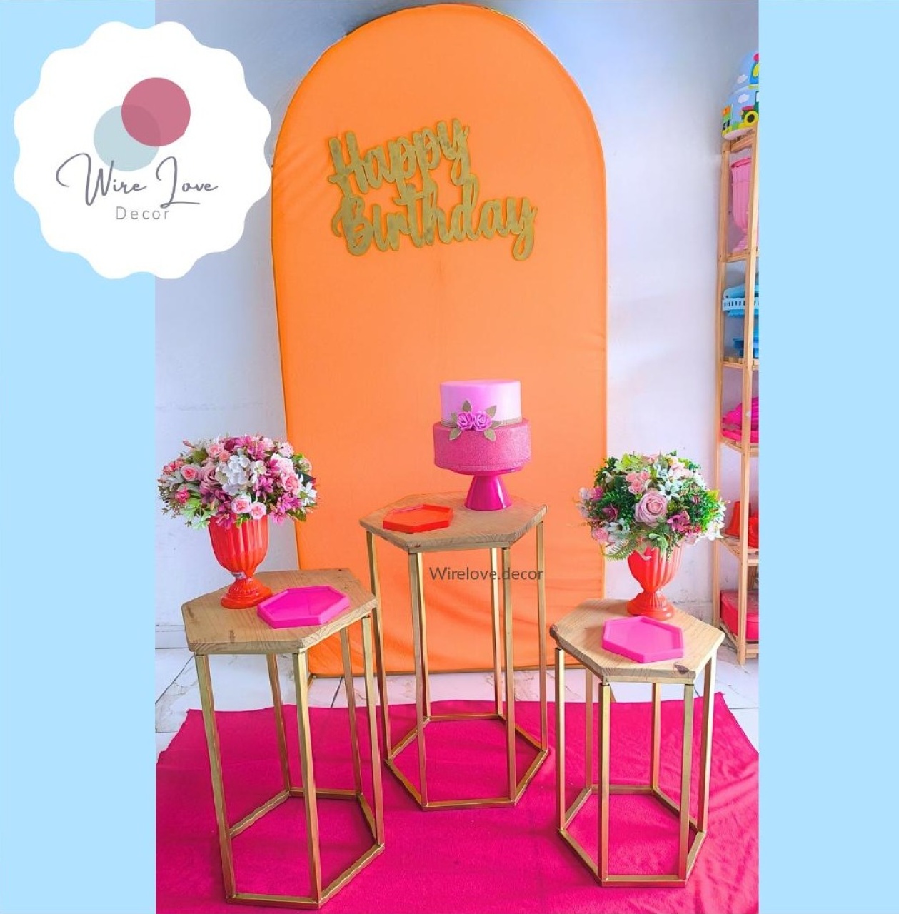 Kit Painel Romano E Mesinhas Sextavada Laranja E Pink - Wire Love Decor